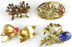 4 Vtg Flower Brooches Pins Rhinestone Accents Lily Bow Blue Gold Tone  S38B