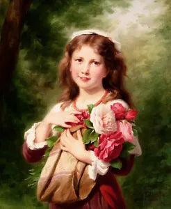 Oil painting Buhler Fritz Zuber - Nice young girl holding peony flowers canvas