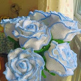 Crochet Rose with Blue Strip Crochet Flower Knitting Thailand Blue Rose with Leaves Crochet Rose Bouquet Blossom Gift for Mother Girlfriends