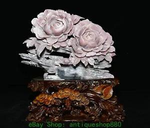 13'' Chinese Natural Xiu Pink Jade Carving Peonies Flower Statue Sculpture