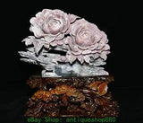 13'' Chinese Natural Xiu Pink Jade Carving Peonies Flower Statue Sculpture