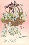 Purple Bow on Gilded Basket Filled With Lovely Lily of the Valley - Old Postcard