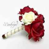 CHOOSE RIBBON COLOR - Red and White / Ivory Rose Bouquet, Red Bridesmaid Bouquet, Real Touch Bouquet, Bridesmaid, December, Wedding Bouquet