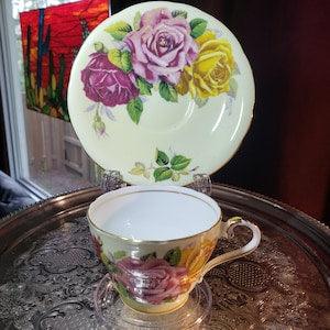 Vintage Aynsley Three Cabbage Rose Cup and Saucer  - Red, Pink, Yellow Roses on Yellow Background - Antique