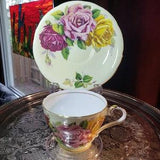 Vintage Aynsley Three Cabbage Rose Cup and Saucer  - Red, Pink, Yellow Roses on Yellow Background - Antique