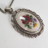 Vintage Petit Point Bouquet of Flowers Pendant Necklace