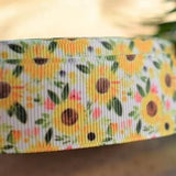 Sunflower Ribbon, Pink Sunflower Ribbon, Sunflower Grosgrain Printed Ribbon, Yellow Sunflower Ribbon || 3 Yards of Ribbon -  7/8" (22mm)