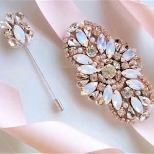 Wrist Corsage Boutonniere, Champagne, Rose Gold, Blush, Opal Rhinestone Men Lapel Pin Prom Groom, Wedding, Bridal, Cuff Buttonhole Boutineer