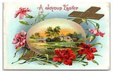 Postcard - A Joyous Easter Cross with Country Church and Carnations