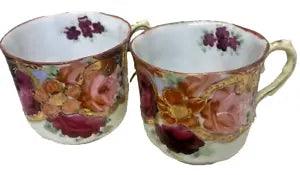 Lot of 2 Vtg Demitasse hand painted pink carnation purple & red flowers tea cup