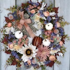 Fall wreath, Autumn wreath, Pumpkin wreath, Berries wreath, Thanksgiving, Sunflower Front door wreath, Cheetah bow, Farmhouse wreath