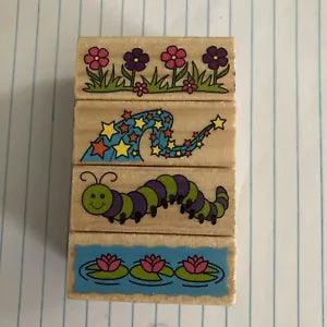 Border Stamps Flowers Stars Caterpillar Lilys Rubber On Wood x4 Lot ( 2??? x 3/4???)