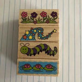 Border Stamps Flowers Stars Caterpillar Lilys Rubber On Wood x4 Lot ( 2??? x 3/4???)
