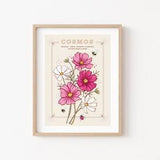 Cosmos Flower Wall Art Print, October Birth Flower Meaning Illustration Print