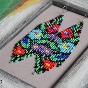 Ukrainian beaded earrings with decorative floral pattern Traditional red blue black Flowers Beadwork Modern statement Seed bead jewelry