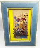 Vintage Pressed Flowers in Blue and Gold Frame Argentina ARTIST SIGNED 6x8"