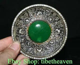 4" Old China Dynasty Silver inlay Green Jade Gem Peony Flower plate dish