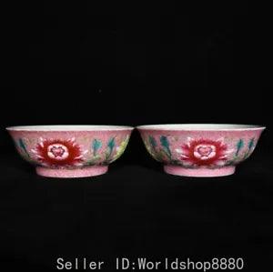 4.7" Old Chinese Yongzheng Marked Colour Enamel Porcelain Peony Flower Bowl Pair