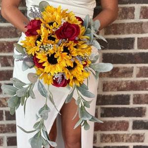 Cascading red roses sunflowers and lavender bouquet Sunflower wedding Red roses bouquet Red roses and sunflowers