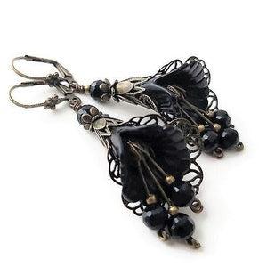 Hand Painted Black Orchid Victorian Earrings, Antique Brass Filigree Lucite Flower Earrings, Gothic Jewelry, Botanical Earrings For Women