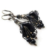 Hand Painted Black Orchid Victorian Earrings, Antique Brass Filigree Lucite Flower Earrings, Gothic Jewelry, Botanical Earrings For Women