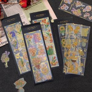 3 Sheets - Gold Foil PET Stickers, Decorative Stickers - Sakura Rose Tulip Sunflower Daisy