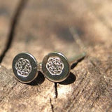 Simple, recycled, FLOWER OF LIFE detail sterling silver stud. Hand made in Toronto. Sustainable sacred jewelry.