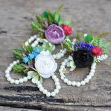 Wrist Corsage Mother's Corsage Botanical Pearl Corsage black corsage White Rose Ranunculus baby breath Rustic Wedding Corsage
