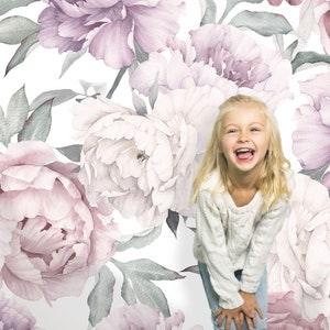 Peony Bouquet Peel and Stick Wallpaper | Removable Floral Wallpaper | Self Adhesive Watercolor Peonies Large Mural | Pink Nursery Wallpaper