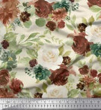 Soimoi White Velvet Fabric Leaves & Peony Floral Print Fabric by-wve