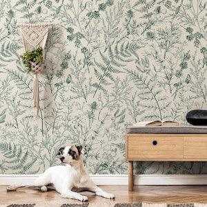 Fern Botanical Wallpaper, Botanical Wallpaper Peel and Stick, Botanic Plants Wall Mural, Leaves Wall Art, Removable Botanical Self Adhesive