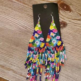 Indigenous Designed GRANNY SQUARE FLOWER Seed Bead Minimalist Beaded Fringe Earrings, Gift For Her, Native Jewelry