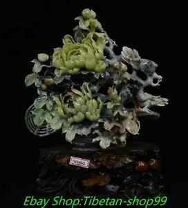19.6'' China Natural Xiu Jade Carve Peony Flower Bird Animal Statue ornament