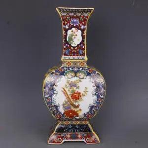 11" China Colour Enamels Porcelain Gild Peony Flower Magpie Bird Four Sides Vase