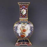 11" China Colour Enamels Porcelain Gild Peony Flower Magpie Bird Four Sides Vase