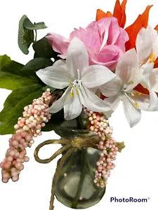 Silk Flowers Arrangement 9??? In Glass Vase With Faux Water Lillies Cottage Decor