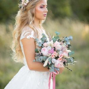 Romantic bridal bouquet Eucalyptus bouquet Bridesmaid bouquets Pastel Peach and blush bouquet Rose Peony bouquet Wedding boho bouquet