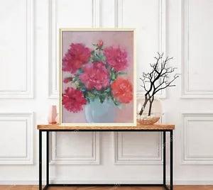 pink peonies in a vase oil painting, textured peonies palette knife oil painting