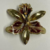 Gold & Burgundy Tone Orchid - Brooch Enamel and Metal - 6x7cm - Vintage Style