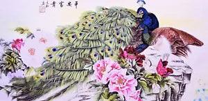 100% ORIGINAL ASIAN ART CHINESE WATERCOLOR PAINTING-Peacock birds&Peony flowers