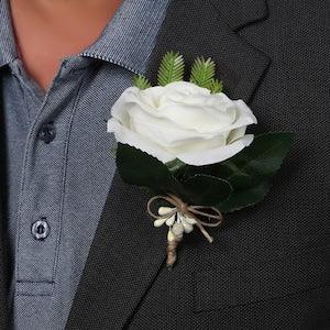 Boutonniere for Men Wedding, Groom Boutonniere, Boutenierre Prom, Wedding Accessories and Gift for Groomsmen. Boho White Rose Boutineer