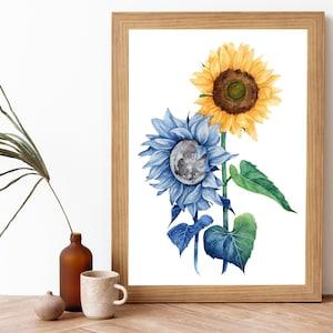 Watercolor Sunflower Moon Painting Art Print- Botanical Watercolour Poster- Blue Moon Flower Whimsical Illustration- Sunflower Wall Art