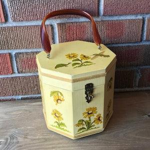 Vintage Octagon Yellow Sunflower Case, Wooden Handled Storage Case, Textured Sunflowers, 1960/70s