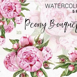 Watercolor peony bouquet clipart. Boho wedding peonies wreath. Hand painted Watercolour floral.