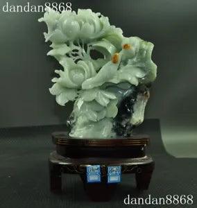 14"Fine 100% Natural Xiu Jade Jadeite hand carved bird peony flower bird Statue