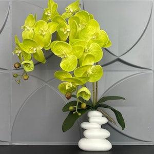 Artificial Green Orchid Phalaenopsis in Handmade Vase Real Touch Silk Flowers Branch Faux Plant for Indoor Fake potted arranging Centerpiece