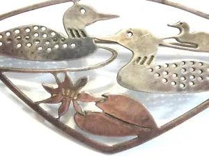 VINTAGE WILD BRYDE LOON FAMILY & LOTUS WATER LILY 925 STERLING SILVER PIN BROOCH