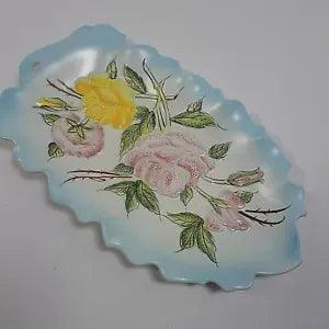 Porcelain Raised Flowers Trinket Table Plate Blue White Japan Roses Carnation