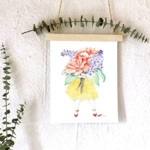 Illustration florist pink and lilac / Poster 8 x 10 woman bouquet of giant flowers / Reproduction drawing watercolor / Katrinn Pelletier