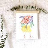 Illustration florist pink and lilac / Poster 8 x 10 woman bouquet of giant flowers / Reproduction drawing watercolor / Katrinn Pelletier